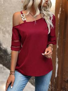 SHEIN LUNE Asymmetrical Neckline Sheer Mesh Patchwork Shirt One Shoulder Top - Red - View 5