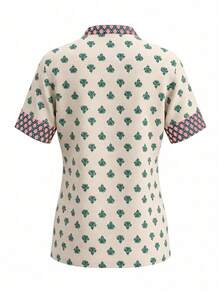 Wandoria Städtisch-eleganter Resort-Stil, neue Damen Frühling/Sommer Bluse aus Kunstleinen mit Bambus-Knoten-Kragen, blau & apricot Blume Muster, Kurzarm, geeignet für den täglichen Gebrauch, Hochzeit, Gala, Pendeln, Abschlussfeier, Urlaub, Date, Party, Halloween, Weihnachten, Neujahr, Erntedankfest, Hochzeit Damenbluse - Armeegrün - Übersicht 2