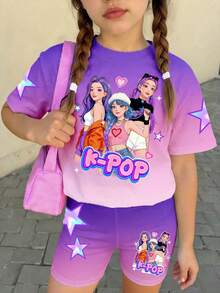 Bộ đồ thể thao thường ngày phong cách đường phố K-Pop dành cho bé gái tuổi teen, gồm áo thun dáng rộng vai rớt và quần short, in chữ và ngôi sao, hiệu ứng ombre, thích hợp cho mùa hè. - Nhiều màu - Xem 4