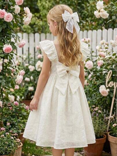 Pitira Đầm chiffon in hoa cho bé gái tuổi teen, cổ vuông, trang trí nơ, tay phồng, cổ áo vuông, nơ sau lưng, gấu xếp ly, dáng chữ A dài đến đầu gối, đầm thường ngày thanh lịch, phù hợp cho tiệc tùng, đám cưới, các dịp trang trọng.