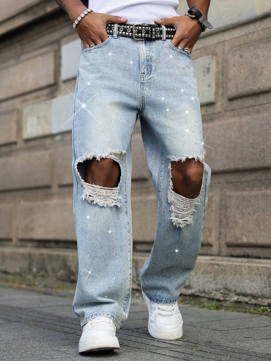 Manfinity EMRG Jeans rectos con diseño de diamantes de imitación y aspecto desgastado para hombre, estilo callejero y rústico - Lavado ligero - Ver 1
