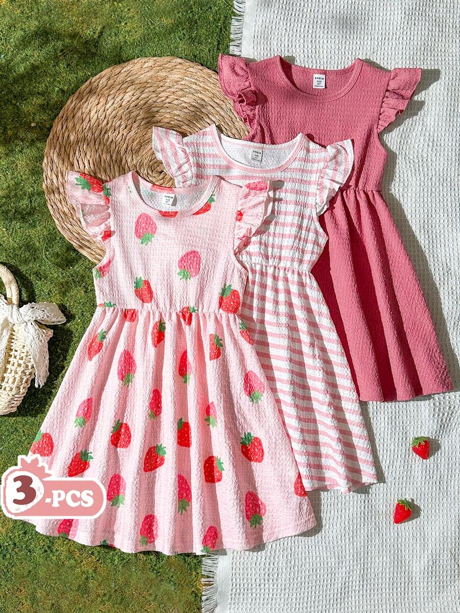 Vintaside Kids 3件套女童夏季草莓条纹短袖连衣裙套装，适合外出、休闲穿着、派对场合 - 彩色 - 查看 1
