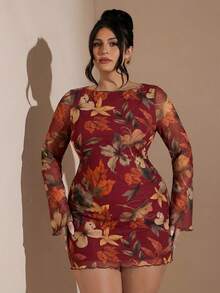 SHEIN BAE 大码女式长袖迷你连衣裙，秋冬款 - 酒紅色 - 查看 3