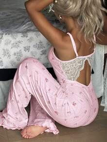 CottageSlumber Floral Lace Patchwork Backless Design Women Pajama Jumpsuit - Pink - View 3