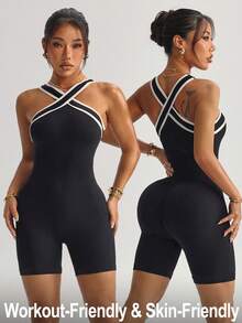 Dewbera Mono ajustado sin espalda con ribete de contraste y sin mangas - Negro - Ver 2