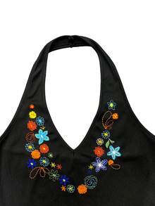 Glimmora Women's Fashionable Floral Embroidery Halter Top, Versatile For Vacation, Beach, And Dates - Black - View 3