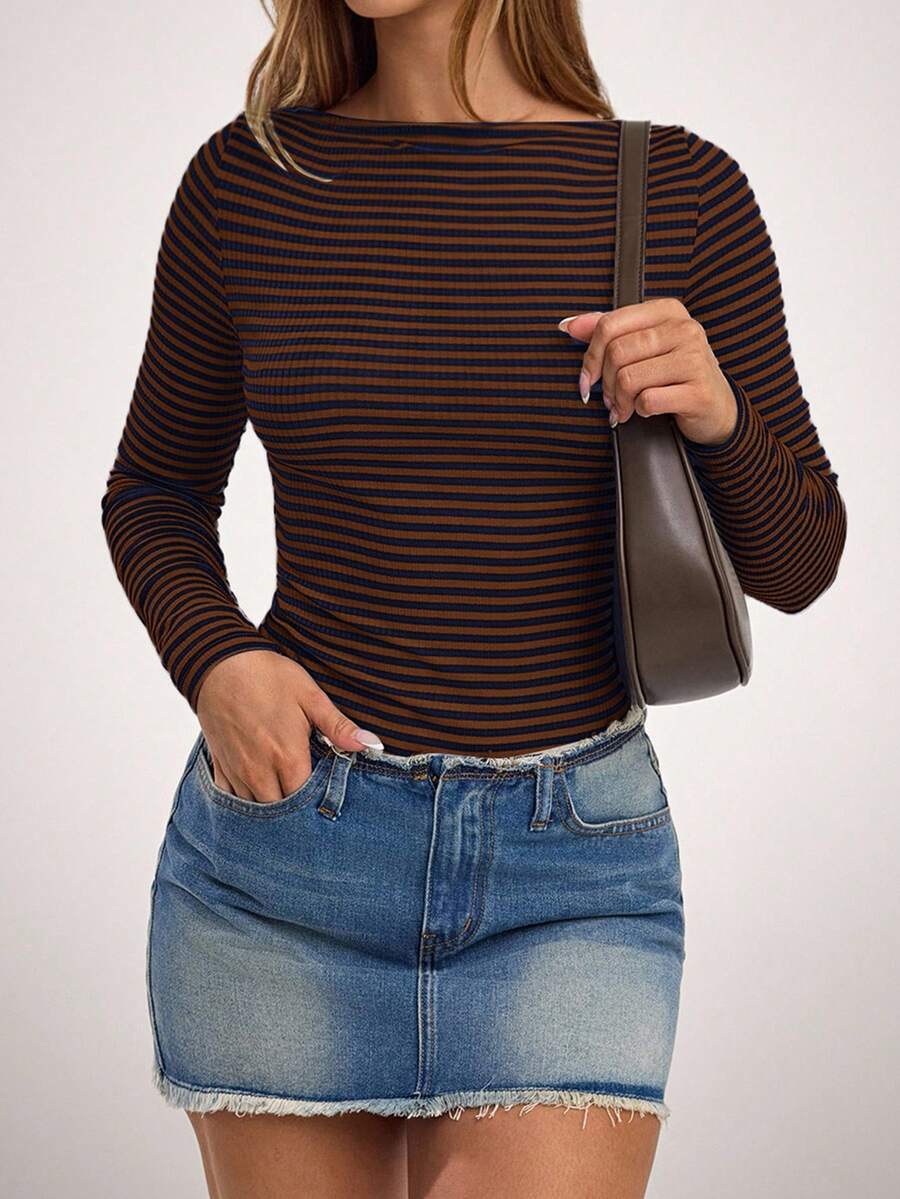SHEIN Forever 21 Áo thun nữ cổ thuyền tay dài họa tiết sọc raglan - màu nâu - Xem 1