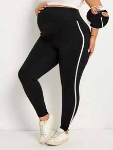 Plussiva Maternity Plus Size Adjustable High Waist Contrast Striped Side Skinny Leggings - Black - View 10