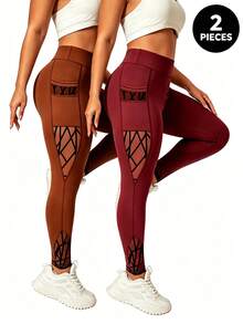 Velisys Leggings asimétricos funcionales de talla grande, pantalones con bolsillos ajustados y malla con estampado flocado - Multicolor - Ver 2