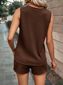 EMERY ROSE Setelan 2 Potong untuk Liburan Wanita: Tank Top dengan Kantong dan Celana Pendek Kasual dengan Tali Serut di Pinggang - Coffee Brown - View 2
