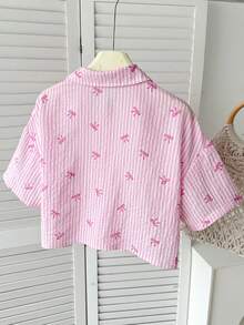 SHEIN 少女粉白条纹蝴蝶结印花短袖衬衫 - 粉色 - 查看 6