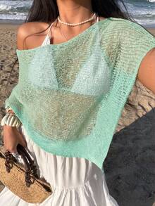 Sunnyshic 女士绿色镂空极简薄纱休闲度假风针织罩衫，夏季 - 綠色 - 查看 4