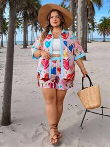 SHEIN CURVE+ 2026新款大码女式两件套印花度假衬衫和短裤，女士度假服装/沙滩装/海滩装/海滩度假装/海滩必备/毕业典礼/下午茶派对装，两件套夏季服装/乡村/海滩度假装/沙滩装 - 彩色 - 查看 6