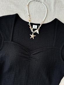 SHEIN Áo thun ngắn tay màu đen dáng casual dành cho nữ tuổi teen - màu đen - Xem 3