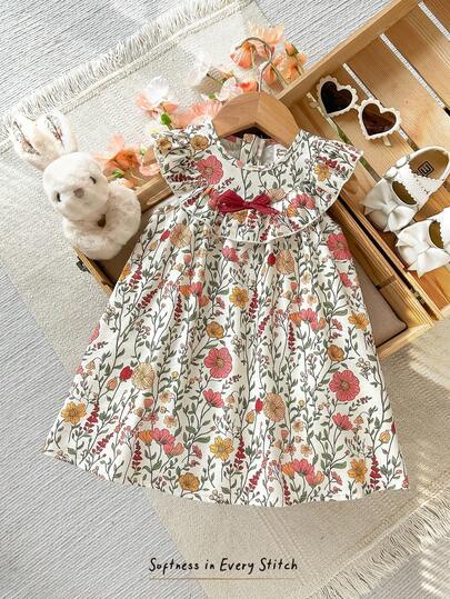 Cozy Pixies Đầm không tay cổ tròn, thắt eo, phối màu hoa văn nơ cho bé gái