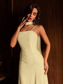 Modelyn Vestido de fiesta de mujer con diseño fluido de volantes, tirantes de espagueti y malla rosa, elegante vestido largo maxi para eventos formales - Amarillo claro - Ver 4
