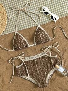 SHEIN Swim 白色蕾丝面料，侧系带设计，优雅性感女士泳装套装 - 彩色 - 查看 1
