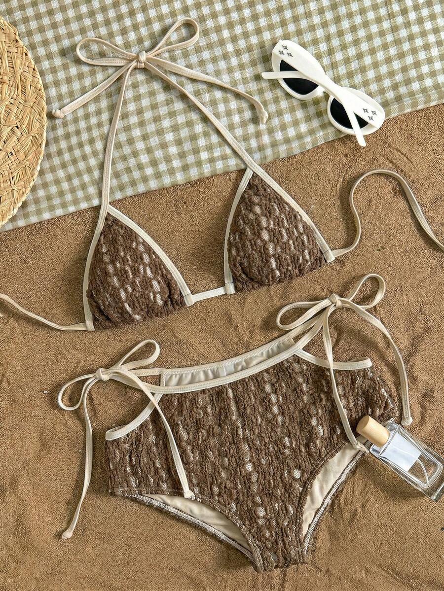 SHEIN Swim 白色蕾丝面料，侧系带设计，优雅性感女士泳装套装 - 彩色 - 查看 1
