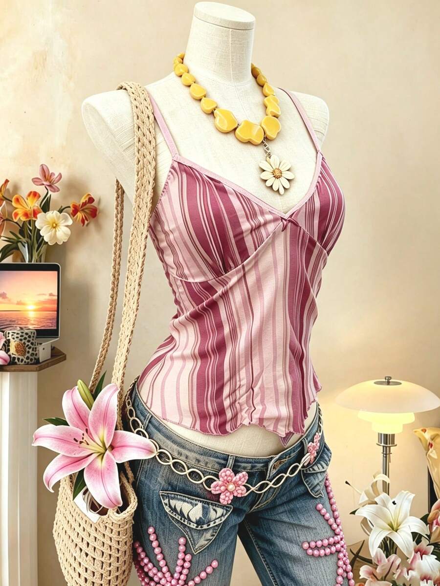 Lalippa Women's Casual Striped Camisole Top, Summer - Pink - View 1