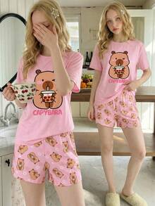 可爱卡通水豚喝珍珠奶茶印花针织面料舒适柔软甜美可爱圆领短袖短裤宽松两件套睡衣套装，适合少女穿着 - 彩色 - 查看 5