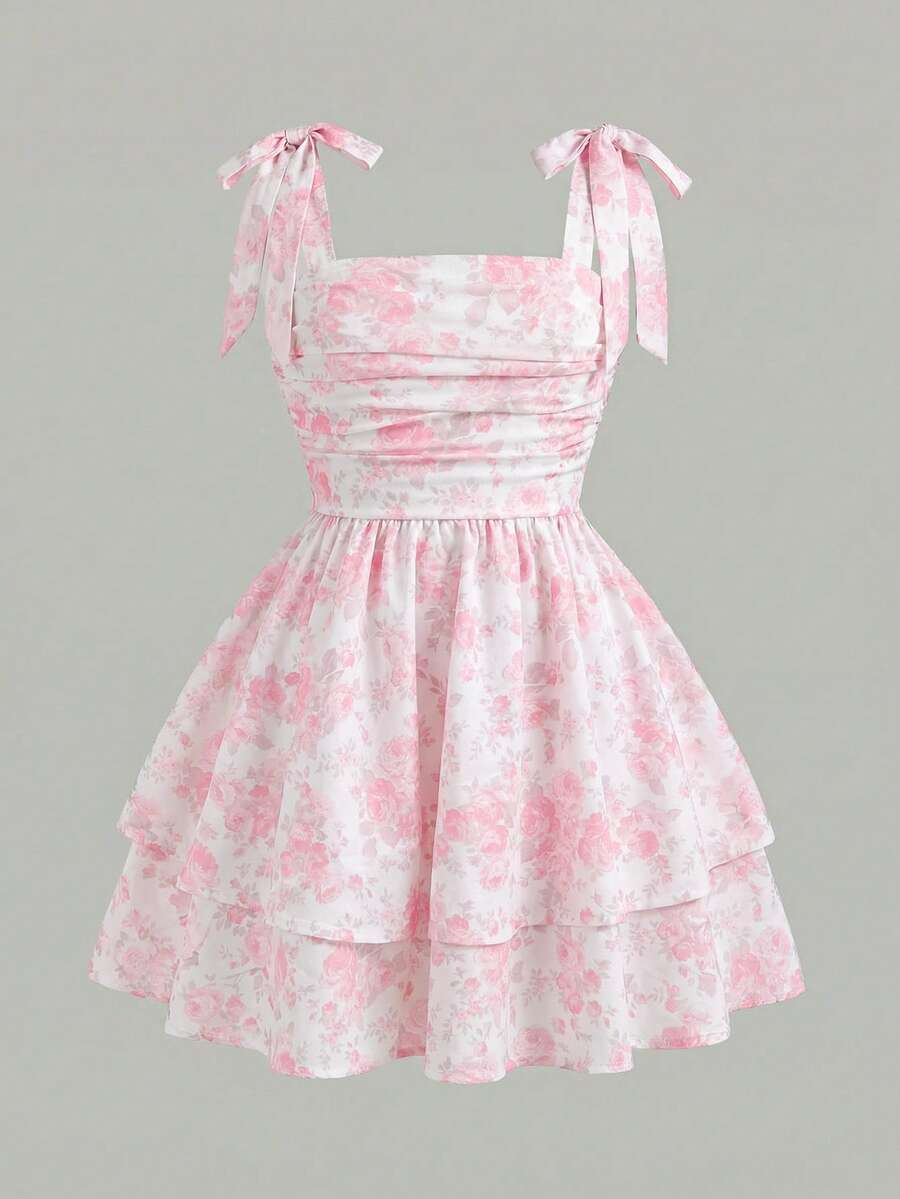 SHEIN Girlism Tween Girl White And Pink Spaghetti Strap Bow Ruched A-Line Layered Ruffle Ditsy Floral Mesh Dress,Summer Casual Party Picnic Graduation Holiday Wear - Pink - View 1