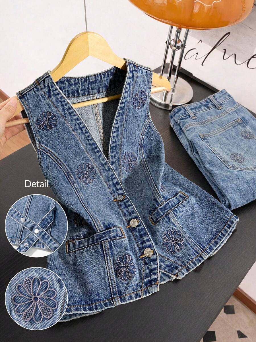 GlowEve Chaleco de mezclilla casual lavado y bordado para mujer - Azul lavado medio - Ver 1