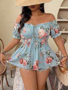 Weeklong Spring/Summer New Plus Size Women's Off-Shoulder Cinched Waist Floral Print Elegant Fashionable Blouse, Suitable For Dates, Travel, Etc. - Baby Blue - View 5