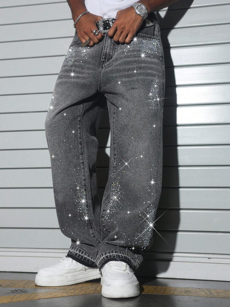 Manfinity EMRG Quần jeans ống rộng dáng suông màu xám đậm, thiết kế đính đá kiểu Mỹ dành cho nam giới. - Xám - Xem 1