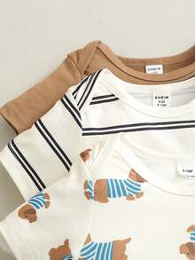 SHEIN Playful Pals 3件裝男嬰休閒可愛多色百搭短袖連身衣，適合夏季 - 彩色 - 查看 5
