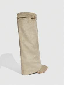 Daringsoles Botas occidentales de tacón grueso con punta puntiaguda y flecos de ante para mujer, botas de ajuste ceñido - Beis - Ver 9
