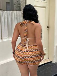 Sunnyshic Plus Size Women's Jumpsuit With Layered Jacquard Bandeau Slim Fit Comfortable For Spring/Summer Loungewear Gym Brown - Multicolor - View 3