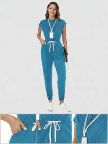 TaskEZ Uniforme de enfermera quirúrgica de mujer  TaskFit, bata de enfermera, uniforme de trabajador de salud con estampado de escarcha, mono con mangas de hombro, 4 bolsillos y cordón en la cintura - verde menta - Ver 2