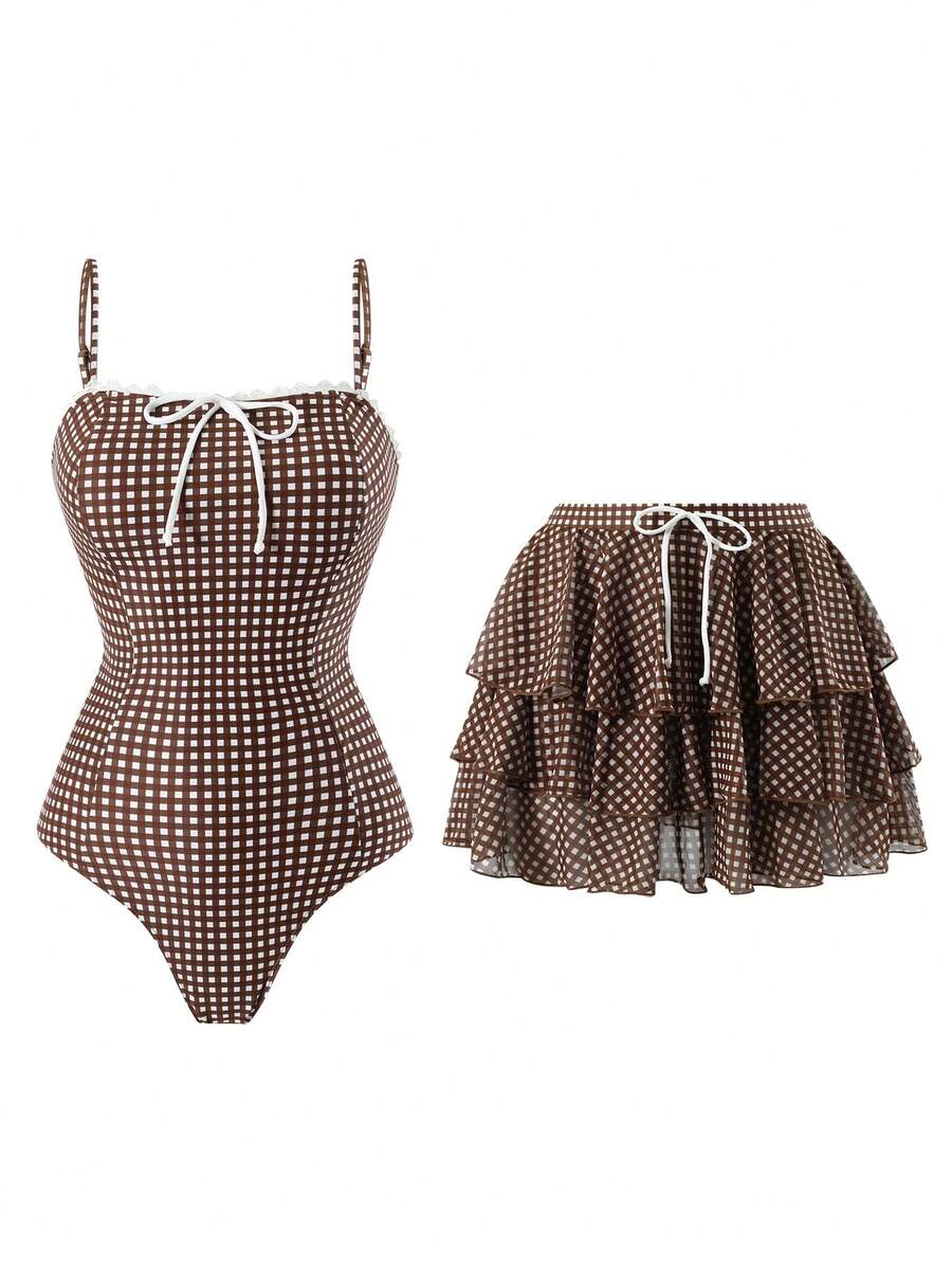 Swim Oasis Bộ đồ bơi 2 mảnh dành cho nữ mùa hè: 1 áo bơi quây xếp ly họa tiết kẻ caro + 1 chân váy lưới, trang phục đi biển thanh lịch. - màu nâu - Xem 1