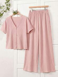 EMERY ROSE Bộ đồ nữ đơn sắc tối giản gồm áo tay ngắn và quần ngắn tay, 2 món. - Hồng - Xem 3