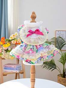 PETSIN 1 pieza Ropa universal para gato y perro, Vestido de mascota con volantes florales lindos, con lazo de mariposa y mangas abullonadas, Vestido de perro pequeño estilo princesa - Flor rota - Ver 8