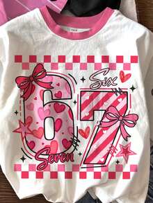 SHEIN 3件套女童休闲简约时尚数字67蝴蝶结图案T恤，粉色条纹、米白色、酷炫黑色圆领短袖基础款T恤，适合春夏穿着，5岁女童短袖图案T恤，6岁女童衬衫，女童生日T恤，女童数字T恤 - 彩色 - 查看 3
