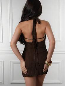 Criza Taa Váy ngắn dệt kim màu nâu họa tiết không tay hở lưng phong cách Bohemian nhiệt đới thanh lịch dành cho nữ, váy cưới bãi biển kiểu phương Tây, tiệc tốt nghiệp, tiệc sáng muộn, tiệc tối cho nữ - Cà phê - Xem 2