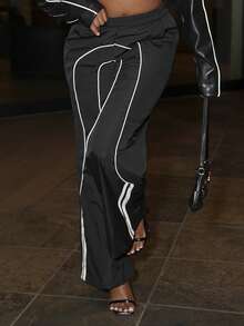 Chea Andrea Girls Back To School Athleisure Woven Tape Black Wide Leg Sweatpants Joggers - Black - View 3