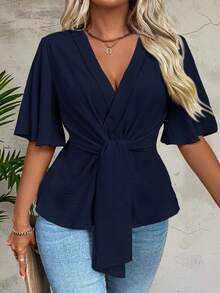 Linhara CURVE Women's Solid Color Waist Tie Ruffle Sleeve Casual Shirt - Navy Blue - View 3