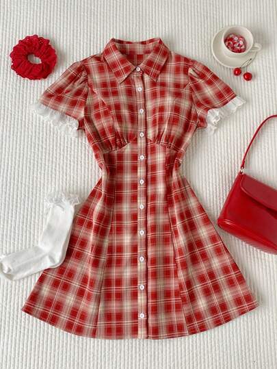 Comfortcana 女士夏季休闲日常通勤学院风印花拼接荷叶袖收腰连衣裙