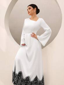 Graceveil Elegant Asymmetric Neck Lightweight Acetate Satin Color Block Lace Patchwork Long Sleeve Dress For Women - Black and White - View 9