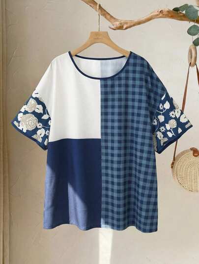 Rusticease 大码女式休闲撞色格纹圆领短袖衬衫，夏季