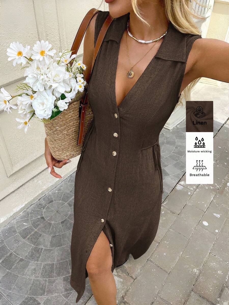 SHEIN LUNE Linen Fabric Shirt Collar Button Decor Apricot Women's Mid-Length Dress, Suitable For Spring/Summer Outings, Vintage Style For Work - Brown - View 1