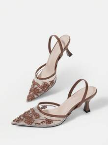 CUCCOO HITCHD Women's Shoes Spring And Summer New Pointed Kitten Heel Flower Lace Embroidery Beaded Brown Mesh Comfortable Elegant Women's High Heels Shoes Slingbacks Bridal Shoes Wedding Dinner Party - dark brown - View 12