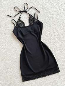 Đầm ngắn ôm sát cơ thể màu đen tối giản dành cho nữ, phối ren, kiểu dáng thường ngày. - màu đen - Xem 7