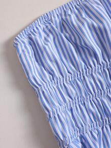 Breezaya Vestido casual de vacaciones elegante sin tirantes con rayas en la cintura, corte evasé con volantes, adecuado para uso diario en primavera/verano - Azul y blanco - Ver 4