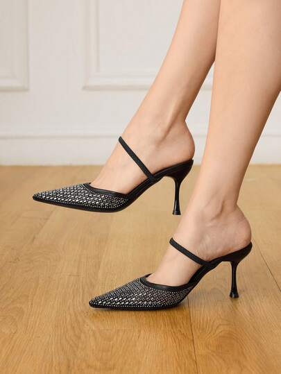 CUCCOO HITCHD Women's Spring/Summer New Mesh & Rhinestone Decor Square Toe One-Strap High Heel Wedding/Formal Dress Sandals, Romantic Elegant Black Color, Suitable For Valentine's Day