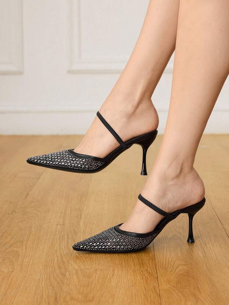 CUCCOO HITCHD Women's Spring/Summer New Mesh & Rhinestone Decor Square Toe One-Strap High Heel Wedding/Formal Dress Sandals, Romantic Elegant Black Color, Suitable For Valentine's Day