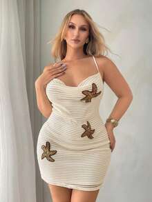 Auralis Plus Size White Summer Beach Holiday Starfish Decor Camisole Dress,Draped Neck Halter Fitted Waist A-Line Mini Dress,Tropical Y2K Bohemian Style Dress - Apricot - View 4