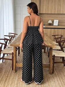 Weeklong 大尺碼女款休閒度假細肩帶方領荷葉邊下擺直筒波點兩件套，適合日常度假穿著 - 彩色 - 查看 2